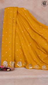 Mustard Yellow Floral Open Border Banarasi Warm Silk Saree